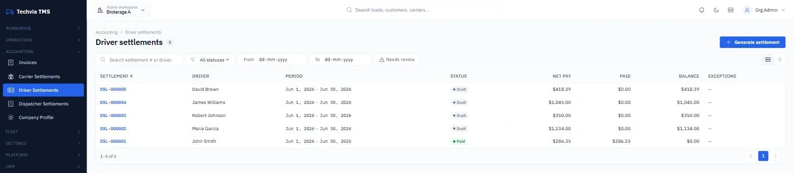 Techvia TMS driver settlements list showing net pay, paid and balance per driver